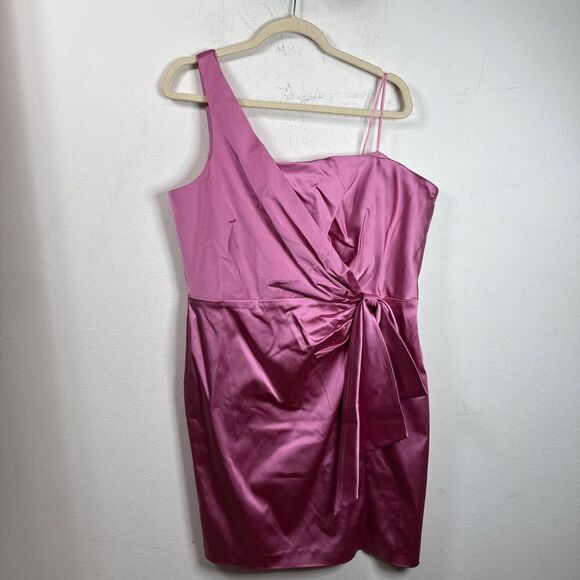 (R7) LAUREN Ralph Lauren Satin One-Shoulder Cocktail Dress in Pink Size 16 - Picture 2 of 16